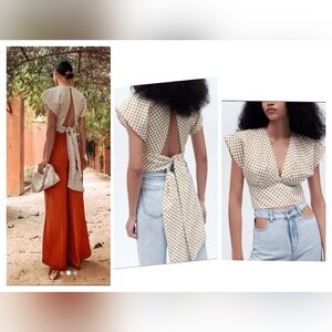 Zara- Polka Dot Tie-Back Crop Top - White & Gold